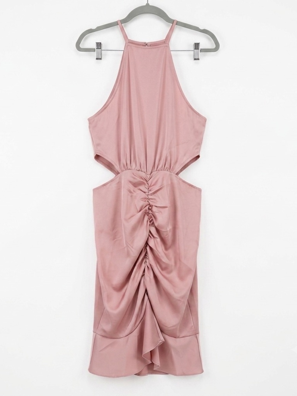 AREA Dusty Rose Cutout Halter Midi Dress with Ruched Front